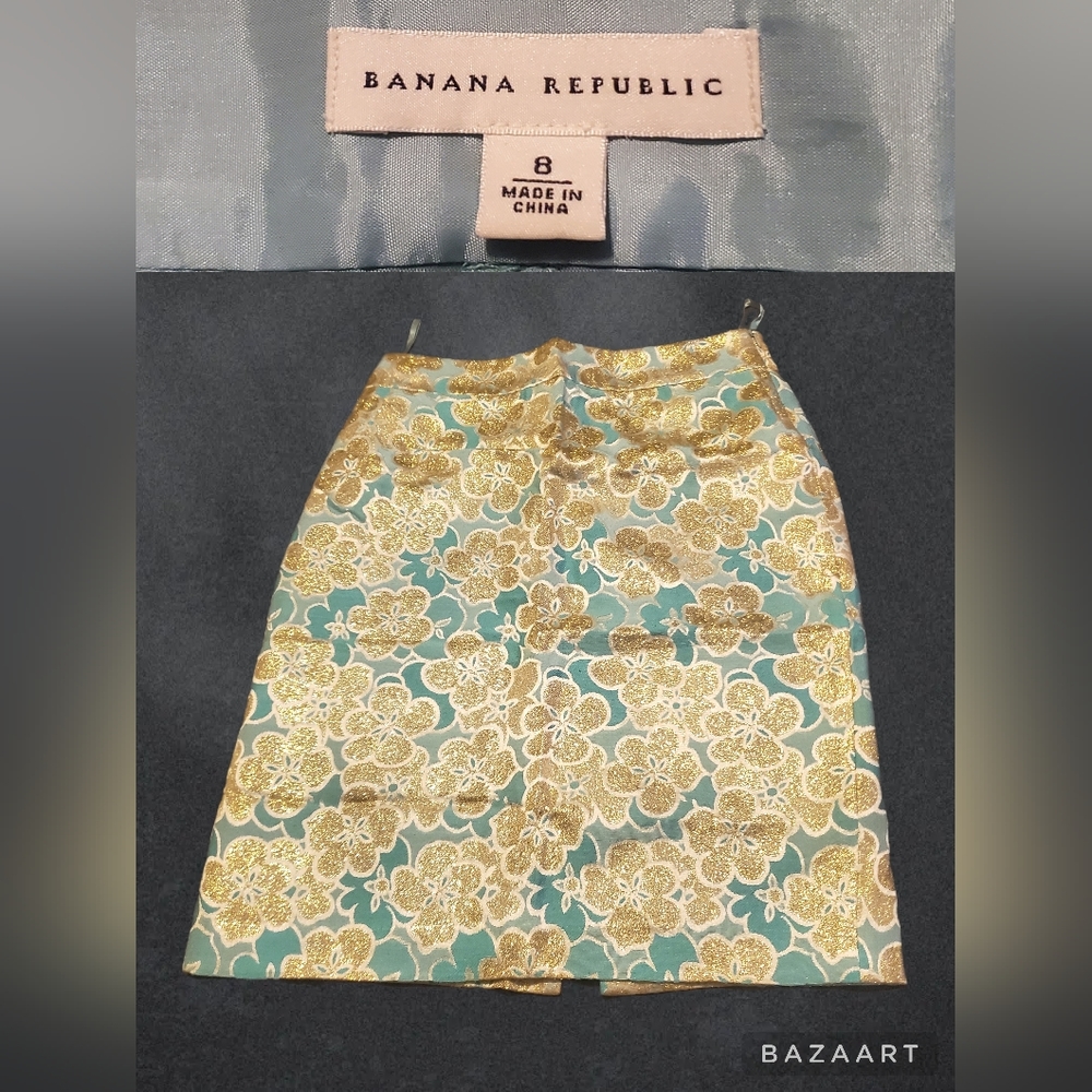Banana Republic Skirt, Gold & Teal Floral Brocade Skirt, Silk Blend size 8